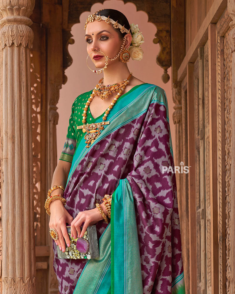 Purple Patola Silk Saree with Foil Print & Teal Green Border