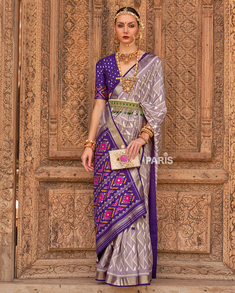 Grey Geometric Patterns & Purple Border Saree