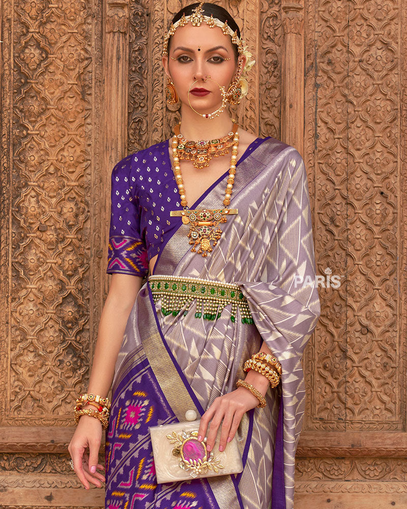 Grey Geometric Patterns & Purple Border Saree