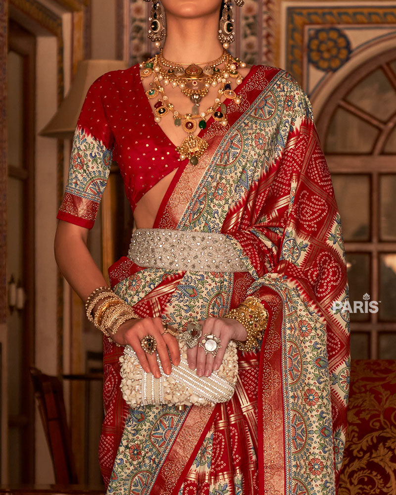 Red and Cream Bandhani Saree with Unstitched Blouse and Belt 03