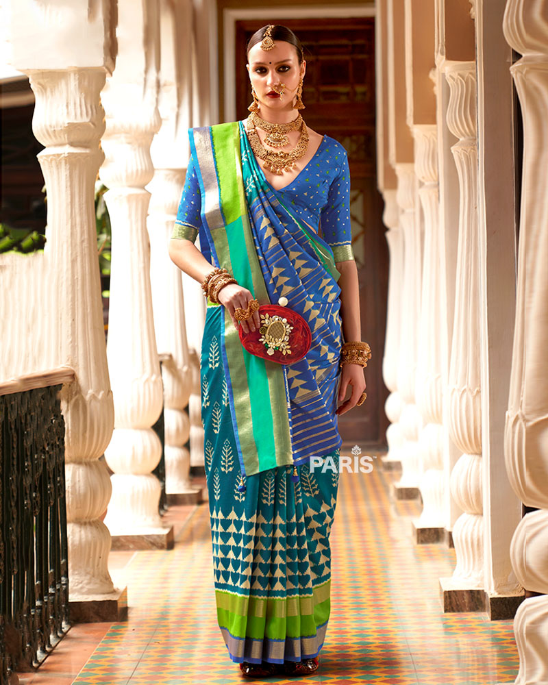 Teal Zari Embellished Borders Silk Saree with Unstitched Blouse