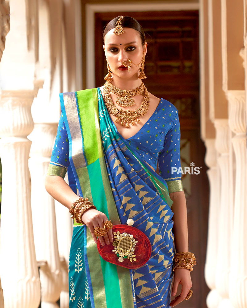 Teal Zari Embellished Borders Silk Saree with Unstitched Blouse