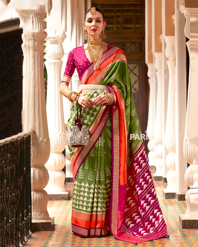 Olive Green Zari Embellished Borders Silk Saree with Unstitched Blouse