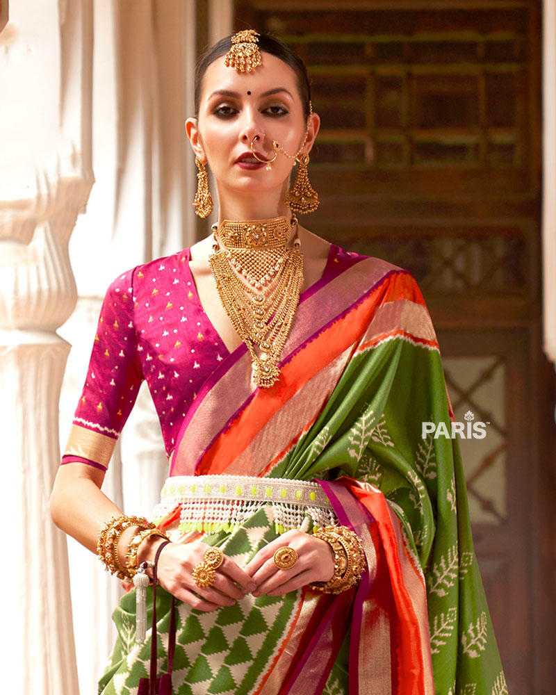 Olive Green Zari Embellished Borders Silk Saree with Unstitched Blouse