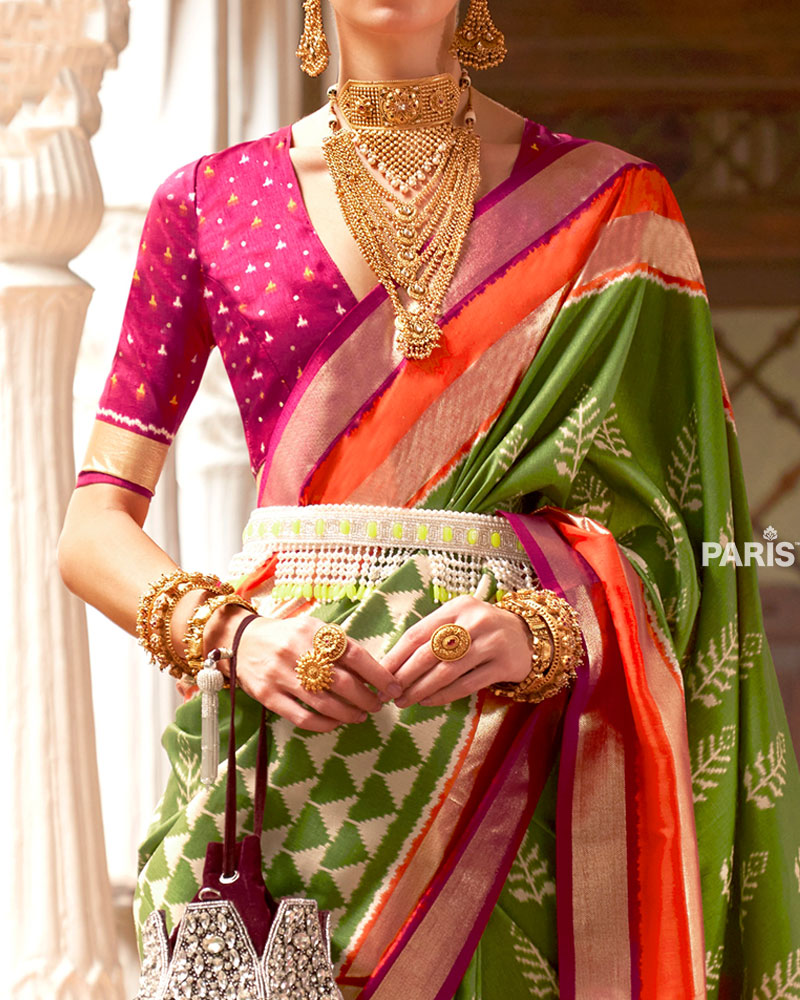 Olive Green Zari Embellished Borders Silk Saree with Unstitched Blouse