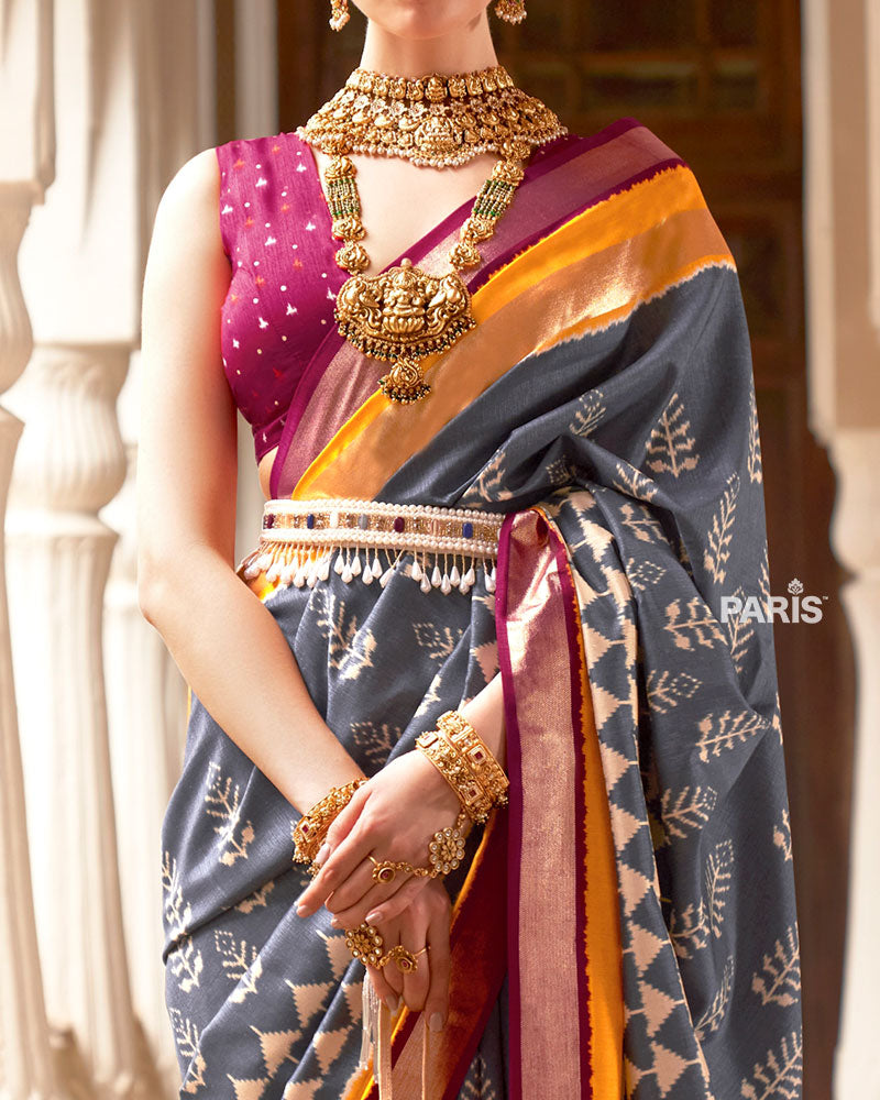 Grey Zari Embellished Borders Silk Saree with Unstitched Blouse