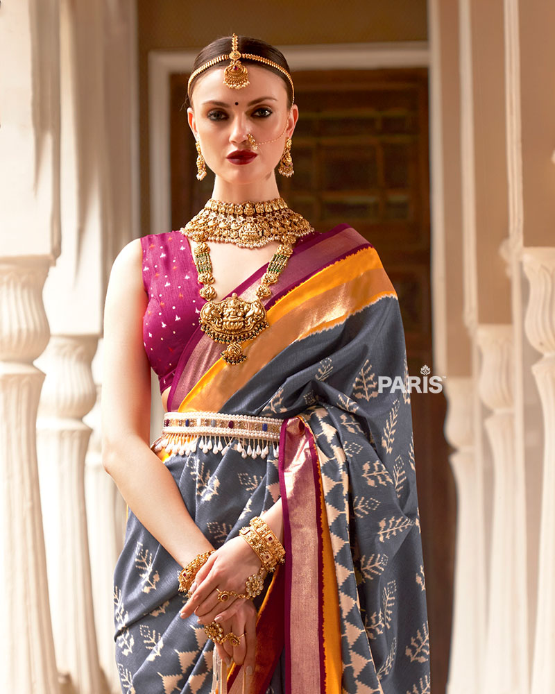 Grey Zari Embellished Borders Silk Saree with Unstitched Blouse