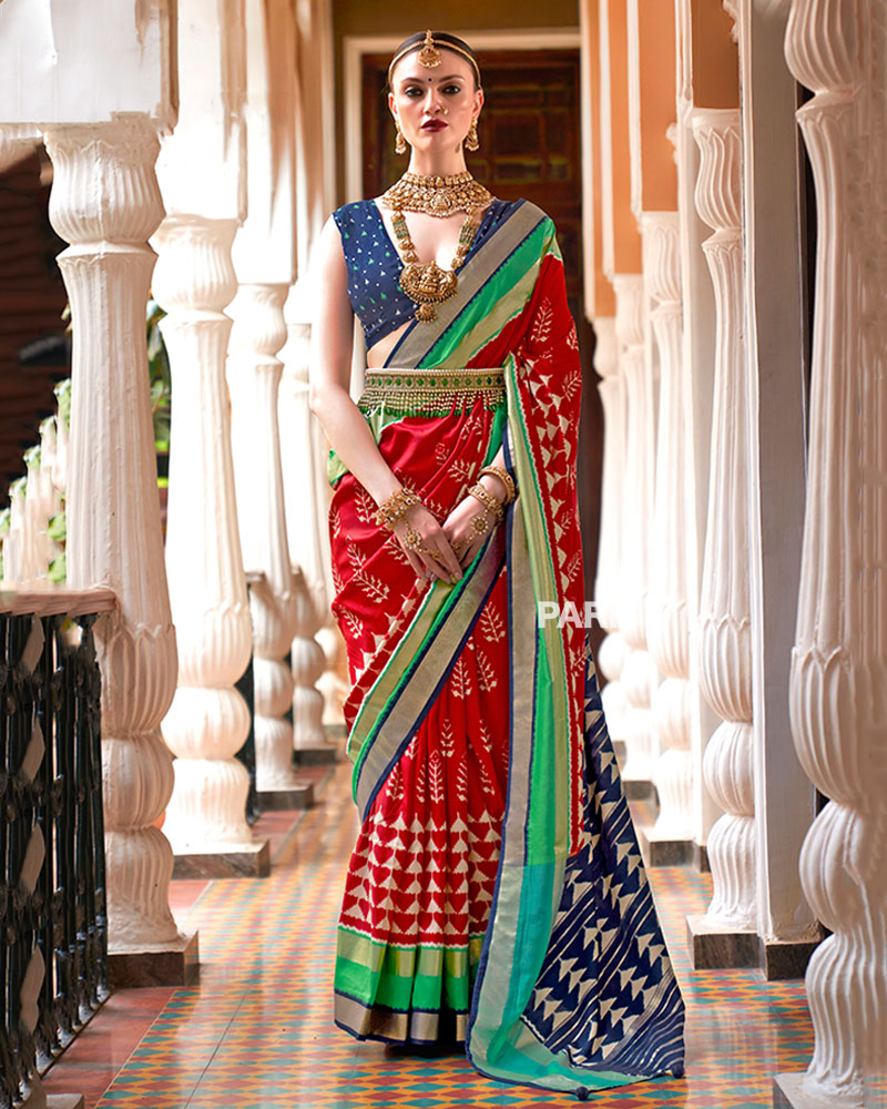 Red Zari Embellished Borders Silk Saree with Unstitched Blouse