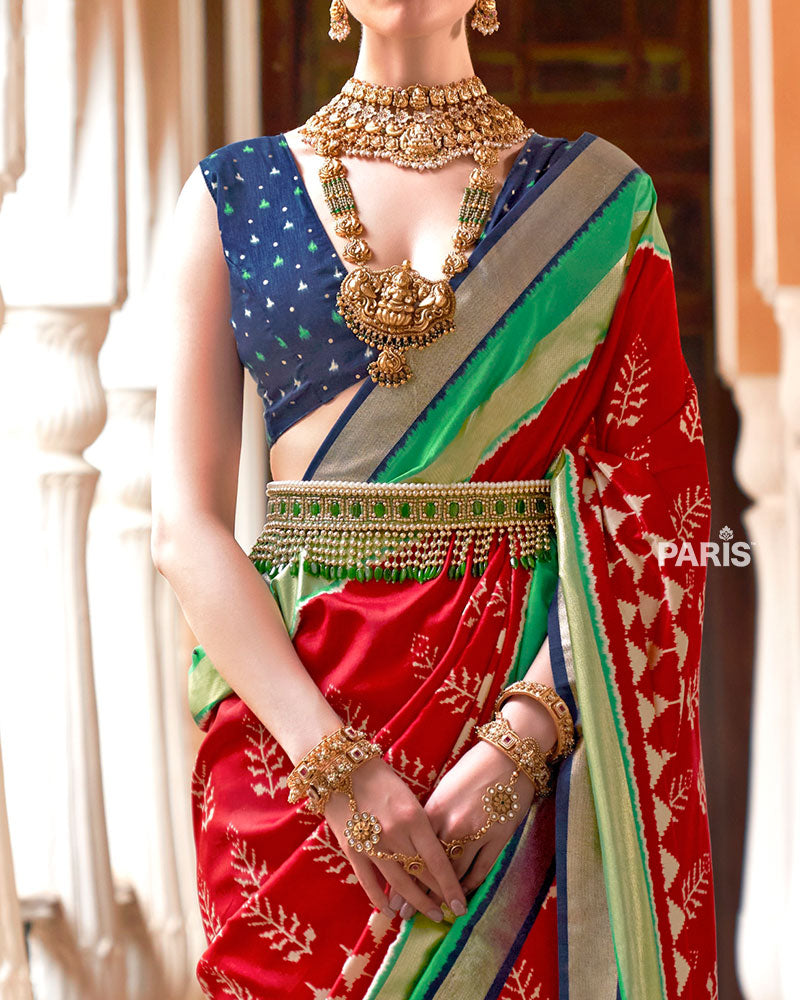Red Zari Embellished Borders Silk Saree with Unstitched Blouse