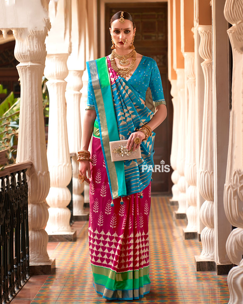 Deep Pink Zari Embellished Borders Silk Saree with Unstitched Blouse