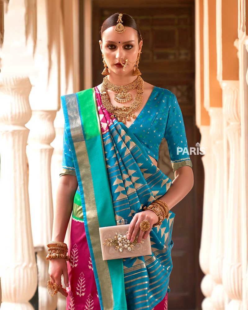 Deep Pink Zari Embellished Borders Silk Saree with Unstitched Blouse