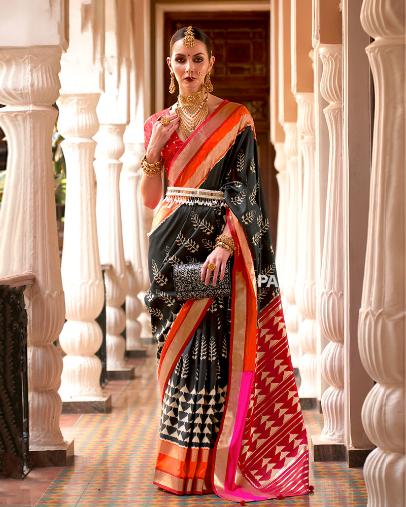 Black Zari Embellished Borders Silk Saree with Unstitched Blouse