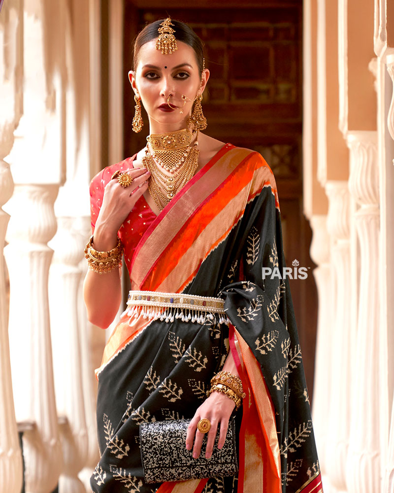 Black Zari Embellished Borders Silk Saree with Unstitched Blouse