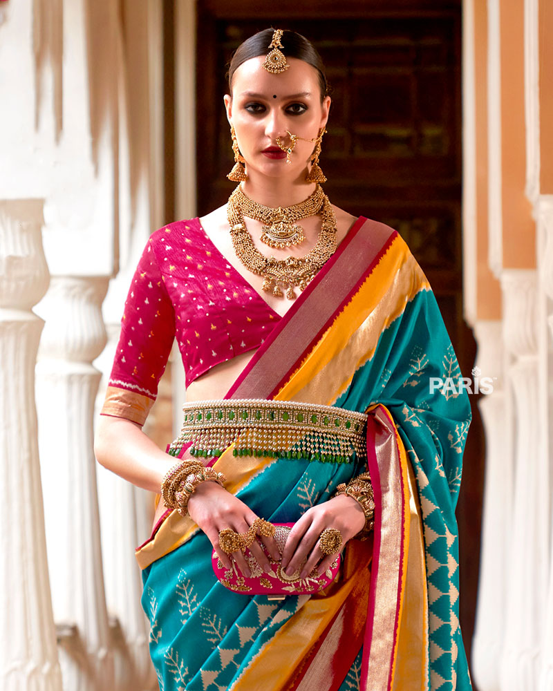 Turquoise Zari Embellished Borders Silk Saree with Unstitched Blouse
