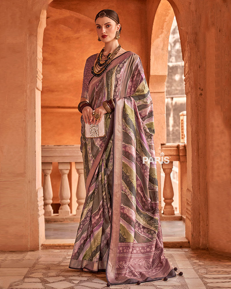 Purple and Green Zari Woven Silk Saree with Unstitched Blouse