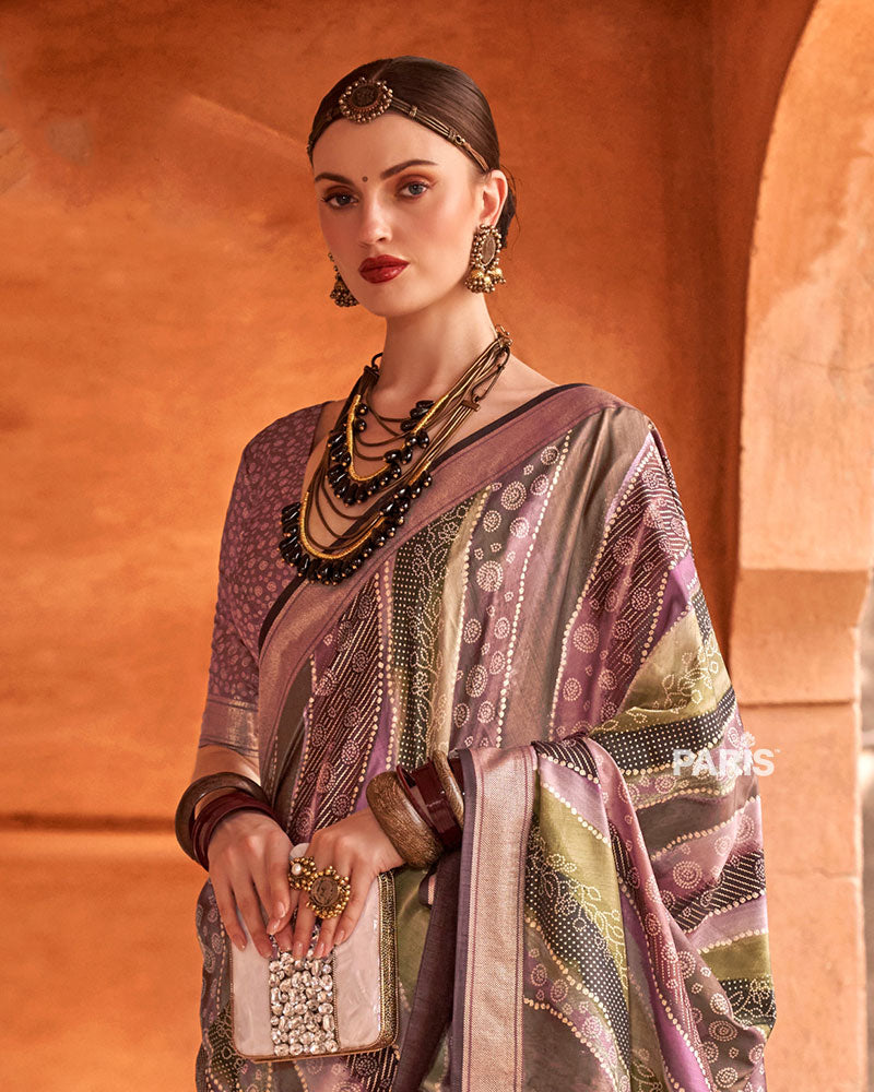 Purple and Green Zari Woven Silk Saree with Unstitched Blouse