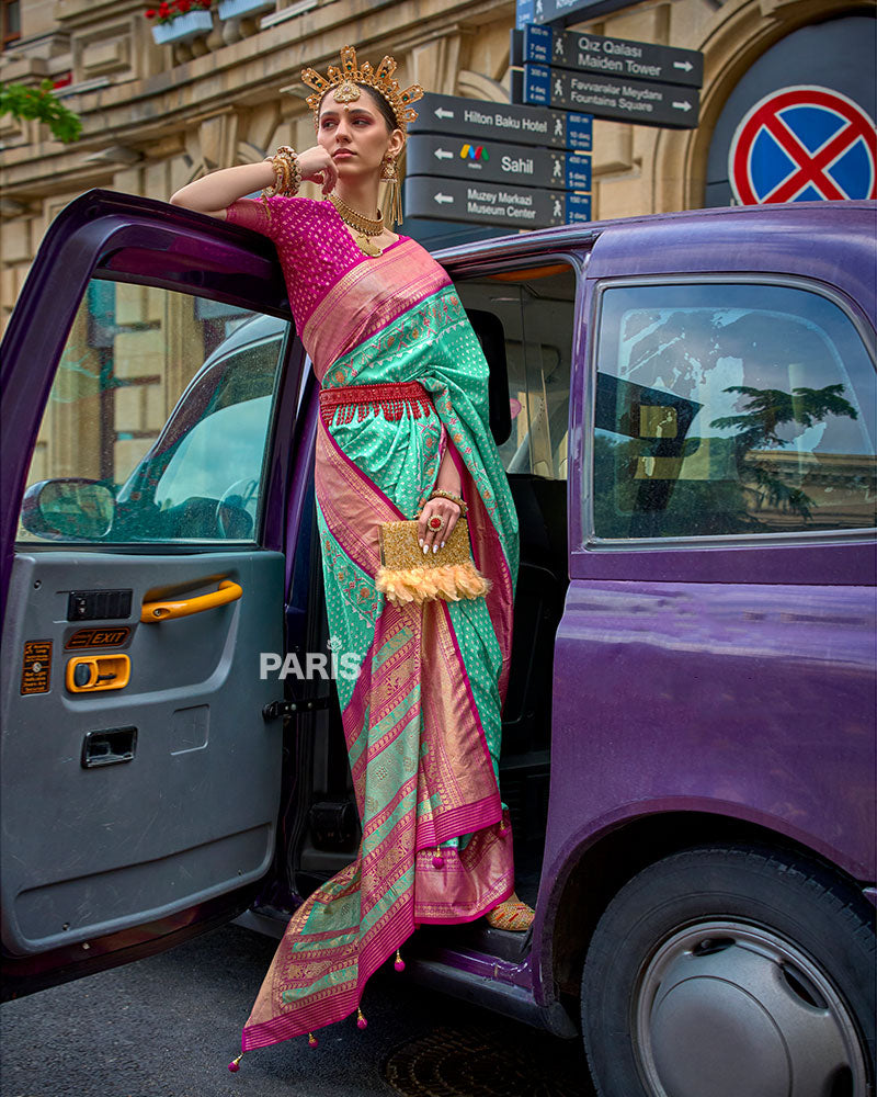 Blue and Pink Printed Patola Saree with Zari Woven Border and Unstitched Blouse