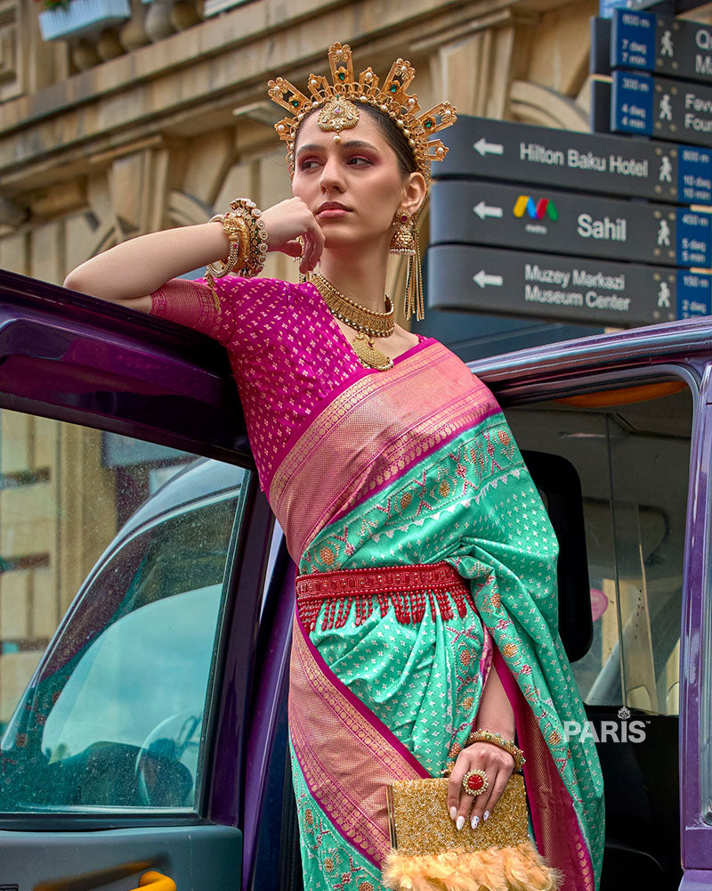 Blue and Pink Printed Patola Saree with Zari Woven Border and Unstitched Blouse