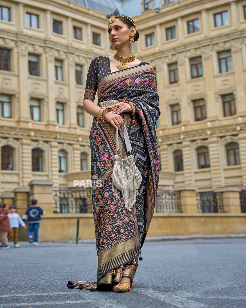 Black Printed Patola Saree with Zari Woven Border and Unstitched Blouse