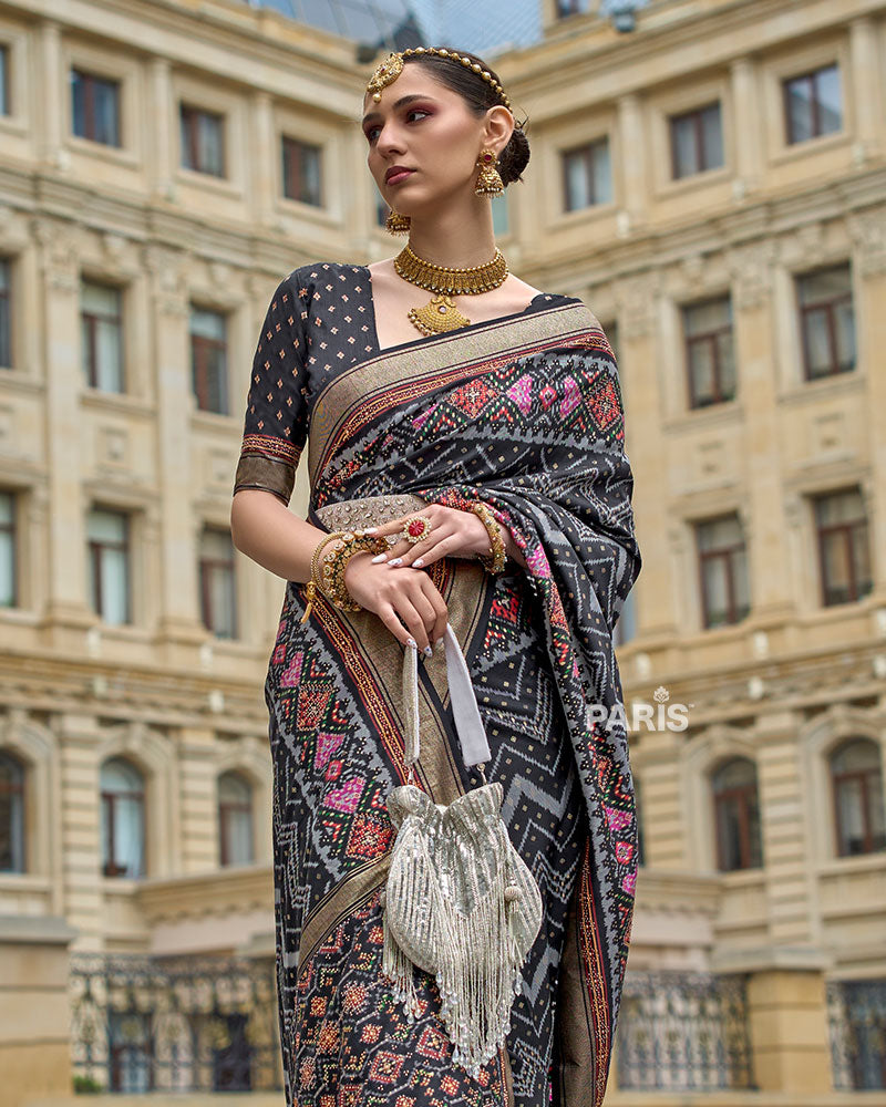 Black Printed Patola Saree with Zari Woven Border and Unstitched Blouse