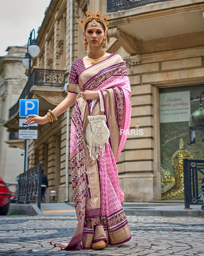 Pink and Magenta Patola Printed Saree with Zari Border & Unstitched Blouse