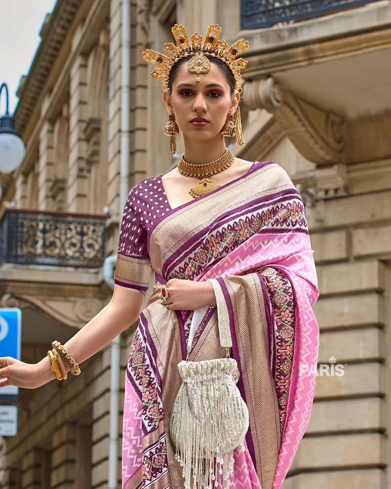 Pink and Magenta Patola Printed Saree with Zari Border & Unstitched Blouse