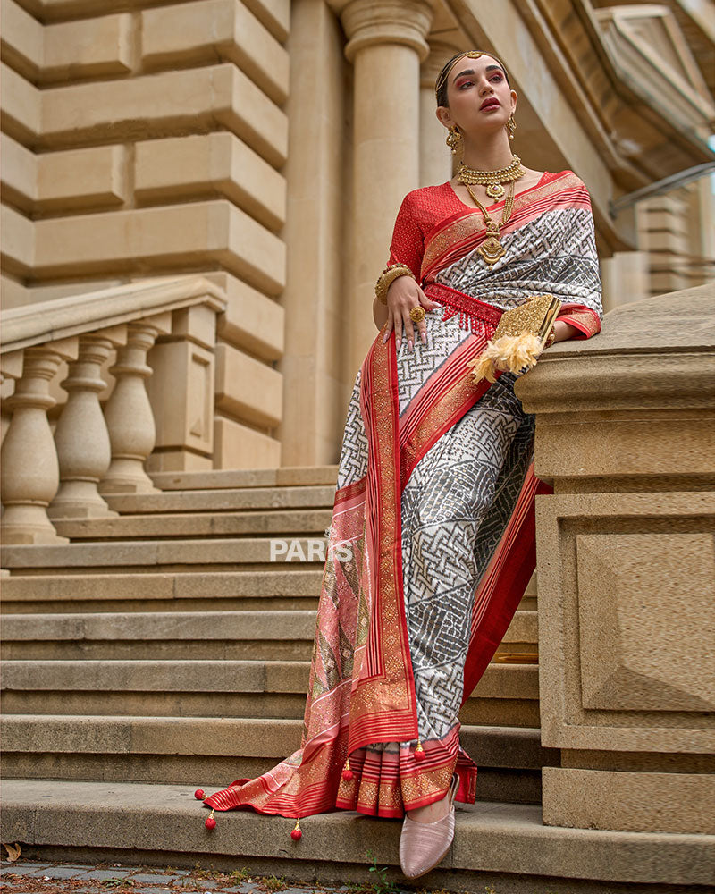 Grey and Red Patola Printed Saree with Zari Border & Unstitched Blouse