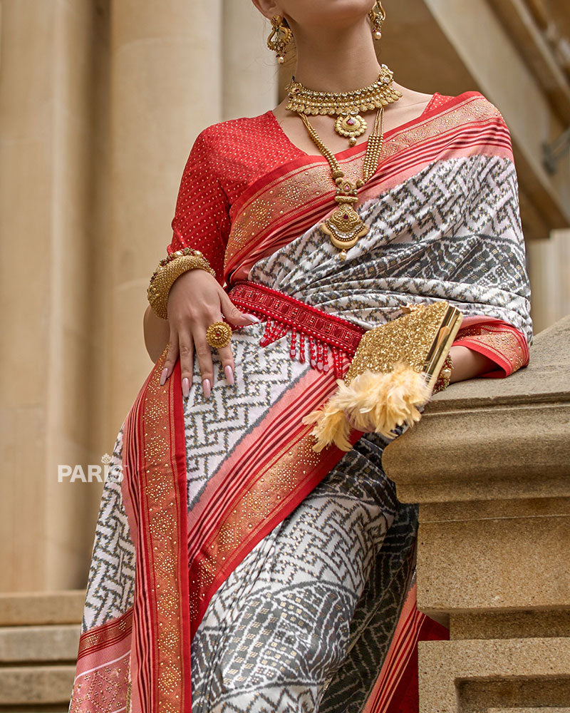 Grey and Red Patola Printed Saree with Zari Border & Unstitched Blouse