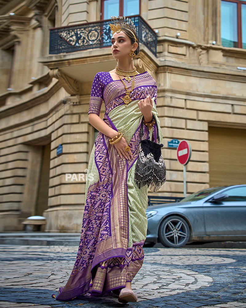 Laurel Green and Purple Patola Printed Saree with Zari Border & Unstitched Blouse