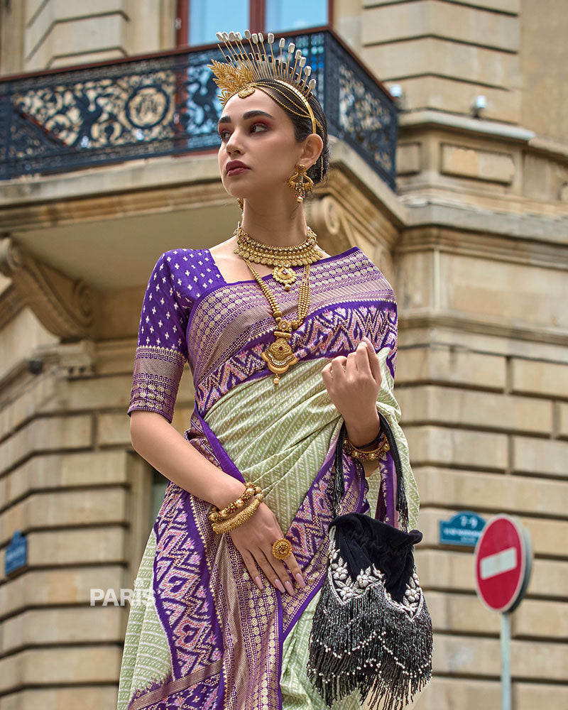Laurel Green and Purple Patola Printed Saree with Zari Border & Unstitched Blouse