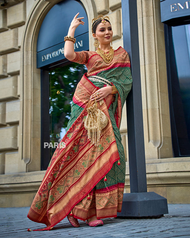Green and Red Bandhani Printed Saree with Zari Border & Unstitched Blouse