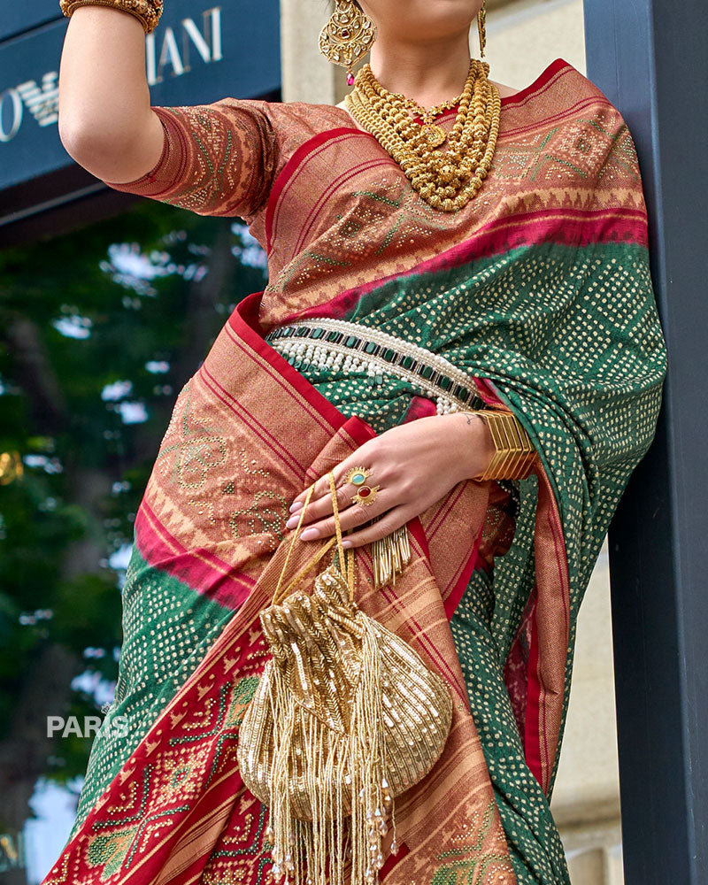 Green and Red Bandhani Printed Saree with Zari Border & Unstitched Blouse