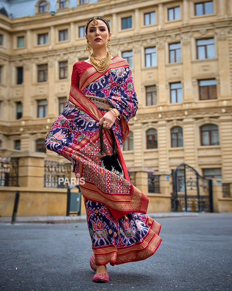 Blue and Multicolor Patola Printed Saree with Zari Border & Unstitched Blouse