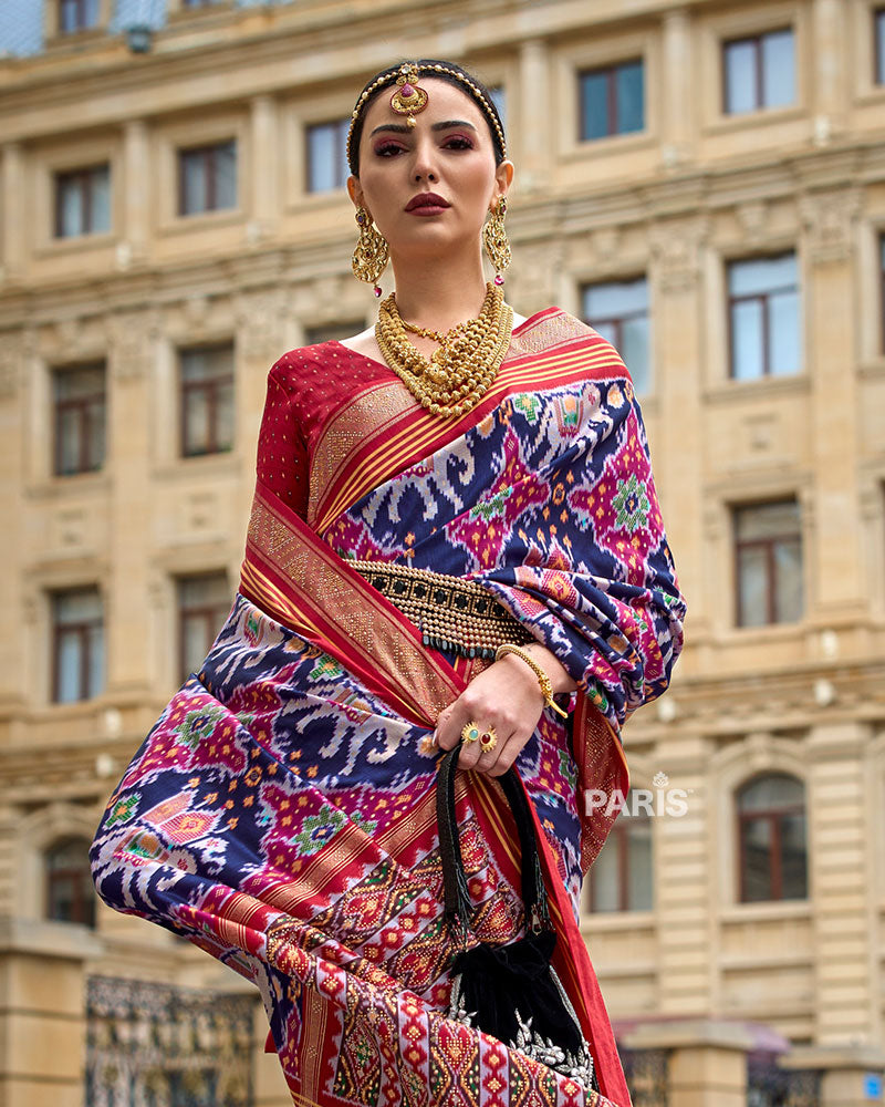 Blue and Multicolor Patola Printed Saree with Zari Border & Unstitched Blouse