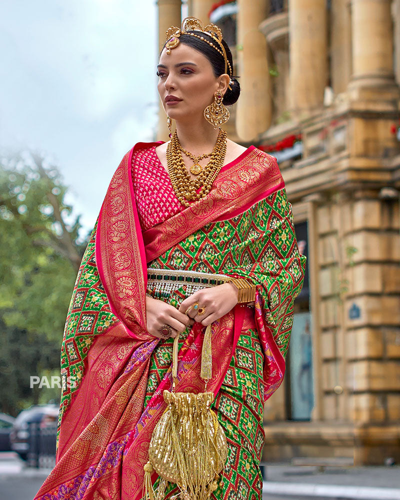 Green and Pink Patola Printed Saree with Zari Border and Unstitched Blouse