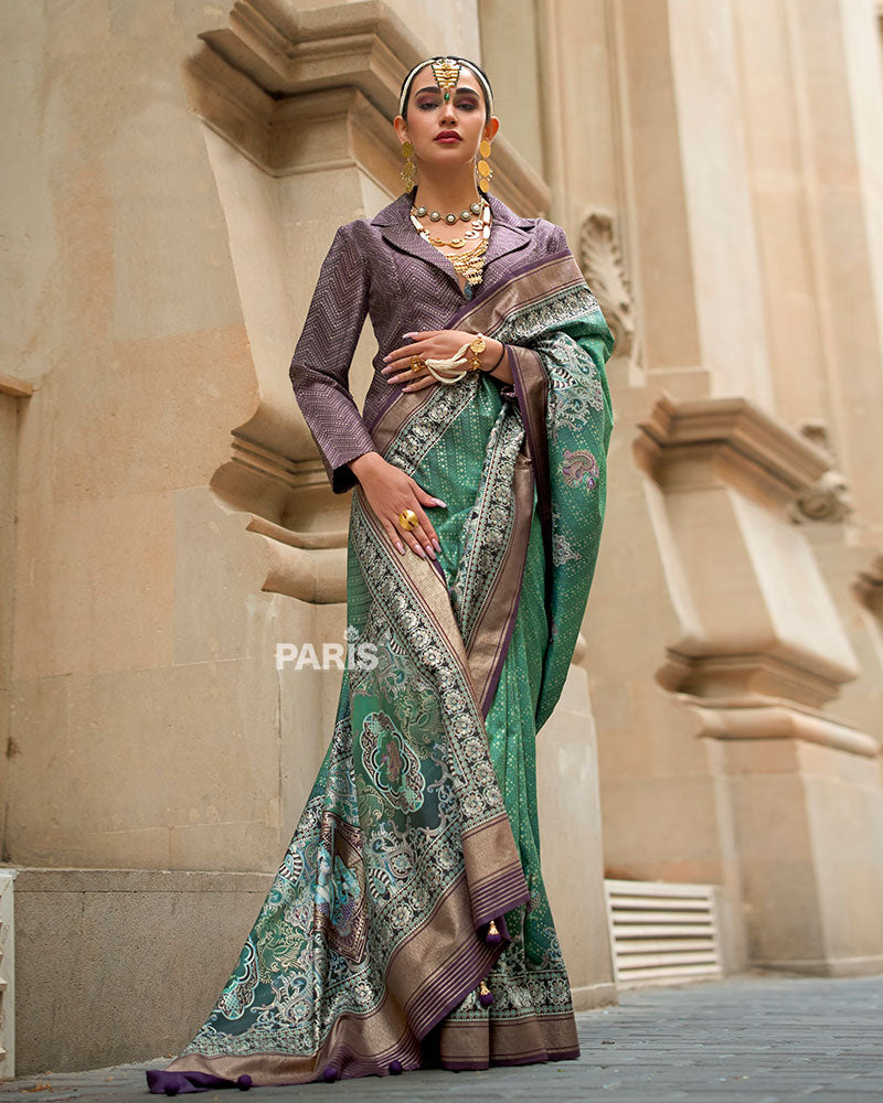 Green Silk Saree with Red Zari Border & Unstitched Blouse