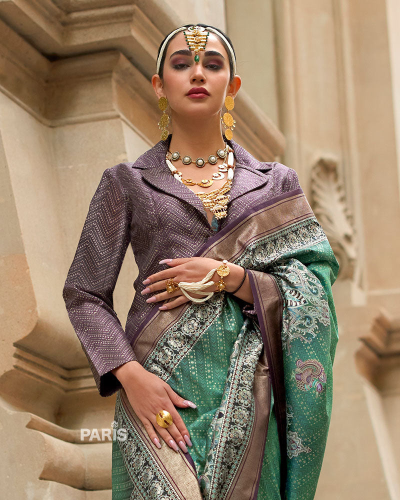 Green Silk Saree with Red Zari Border & Unstitched Blouse