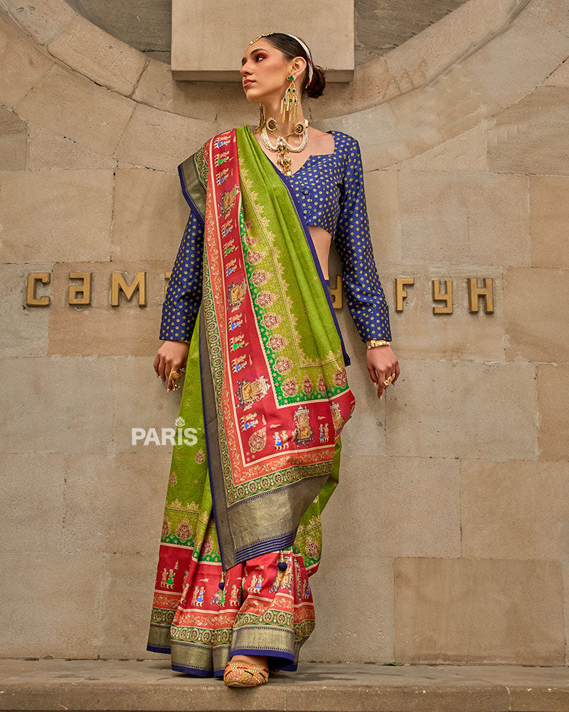 Turquoise Blue Silk Saree with Multicolor Border & Blouse