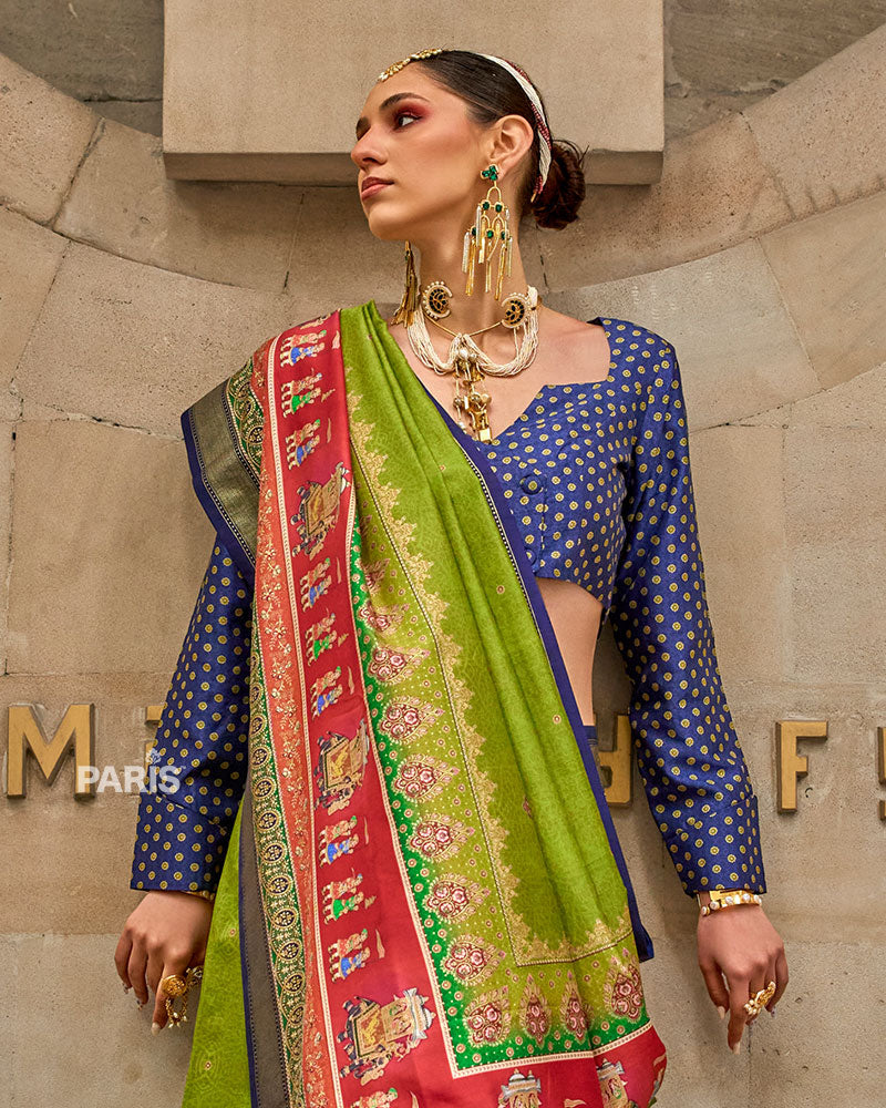 Turquoise Blue Silk Saree with Multicolor Border & Blouse