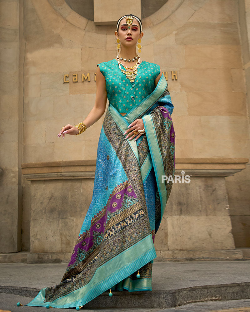 Green Silk Saree with Rust Multicolor Border & Blouse