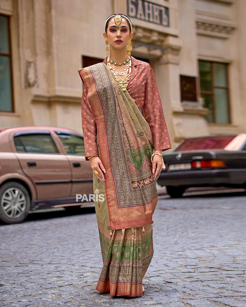 Purple Silk Saree with Multicolor Zari Border & Blouse