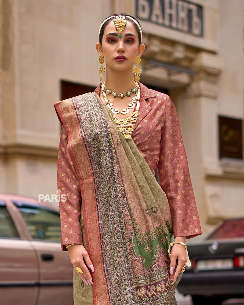 Purple Silk Saree with Multicolor Zari Border & Blouse