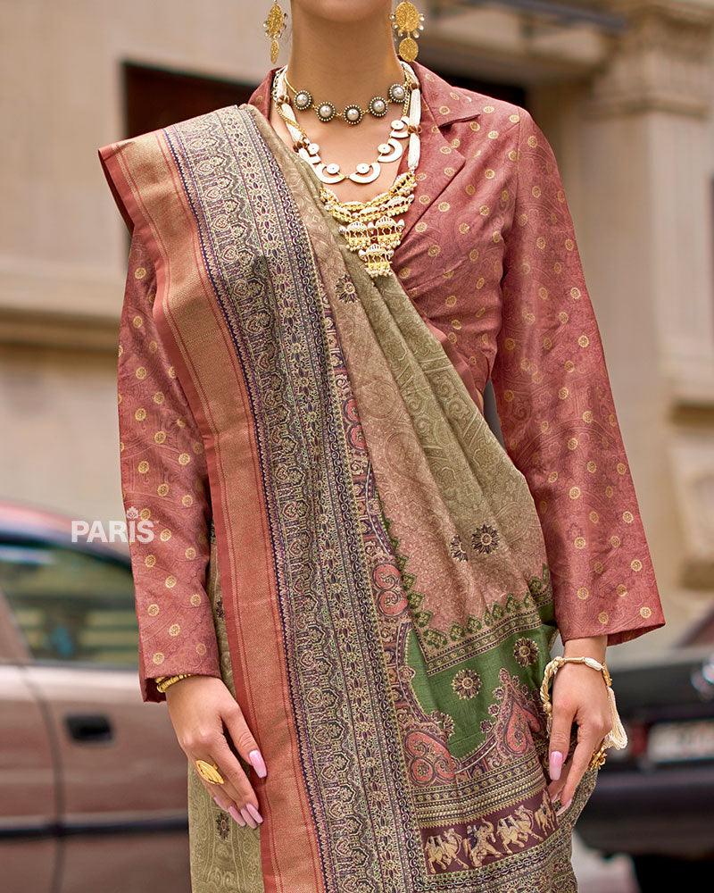 Purple Silk Saree with Multicolor Zari Border & Blouse