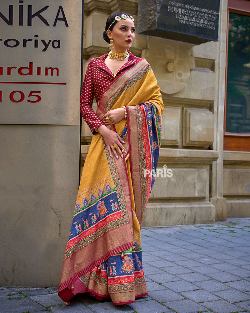 Pink Silk Saree with Teal Border & Unstitched Blouse