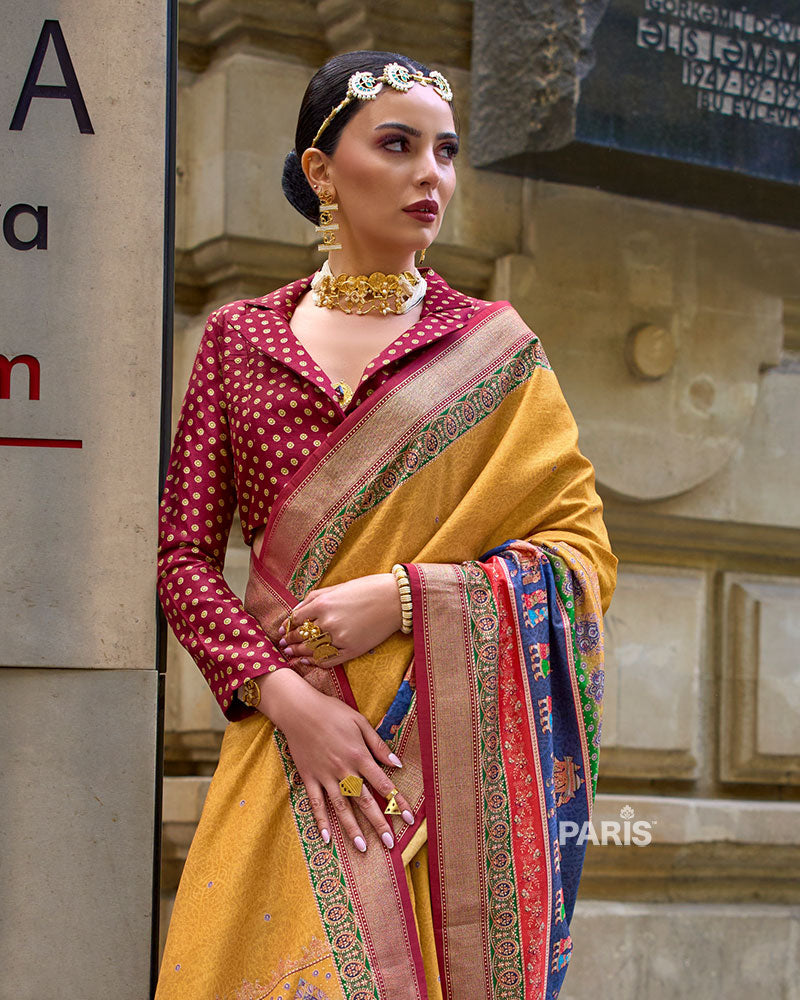Pink Silk Saree with Teal Border & Unstitched Blouse