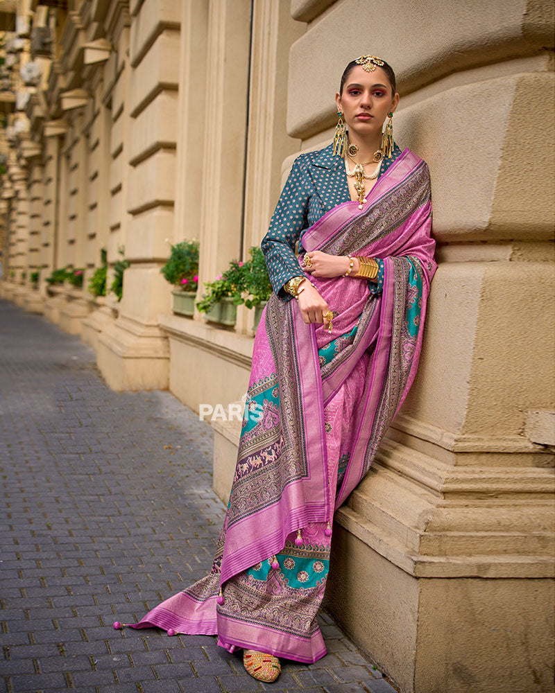 Teal Woven Silk Saree with Zari Paisley Border