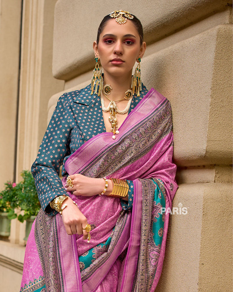 Teal Woven Silk Saree with Zari Paisley Border