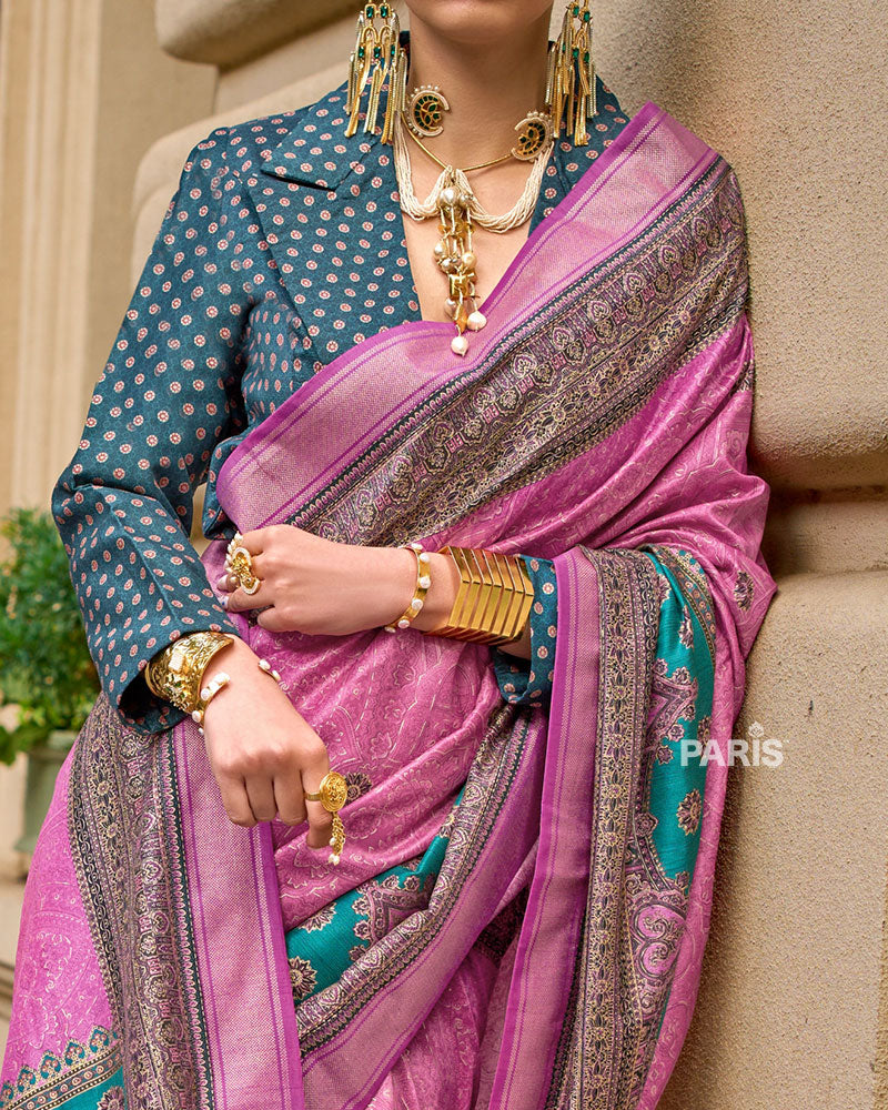 Teal Woven Silk Saree with Zari Paisley Border
