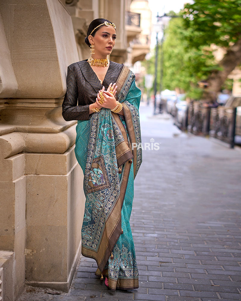 Pink Banarasi Saree with Teal Zari Border & Blouse