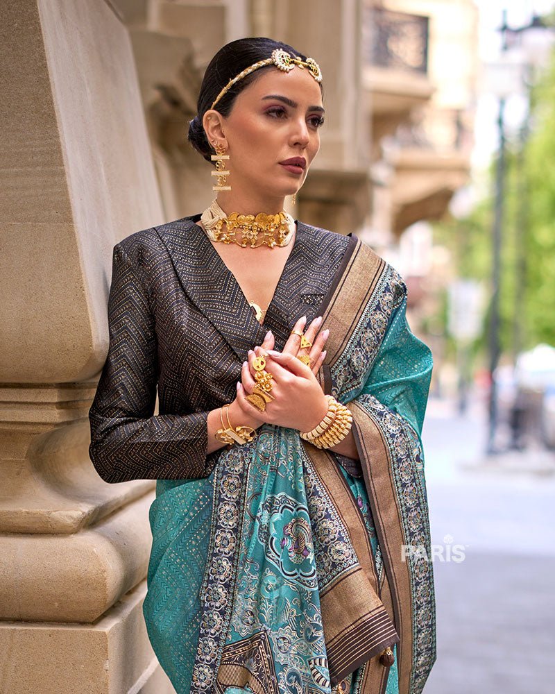 Pink Banarasi Saree with Teal Zari Border & Blouse